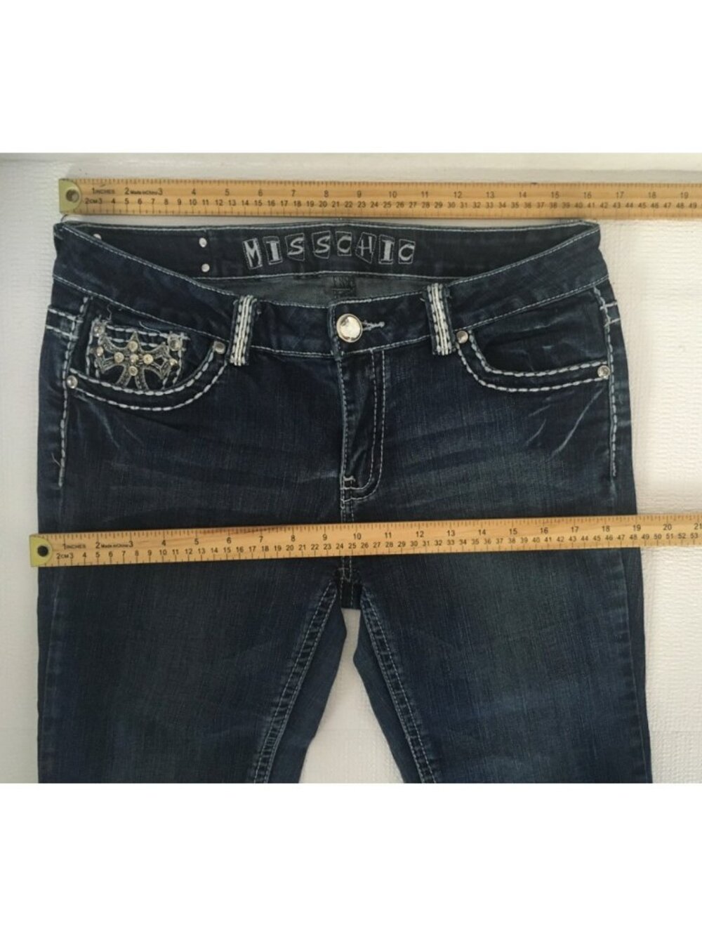 Miss Chic Jeans Size 13 Blue Embellished Mid rise Bootcut Cross Pockets - Picture 11 of 15